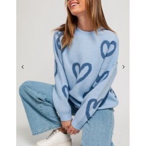 Le Lis Heart Print Oversized Knit Sweater in Light Blue